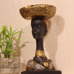 Tribal Lady Figurine – Matte Black with Gold & Brown Tribal Pattern