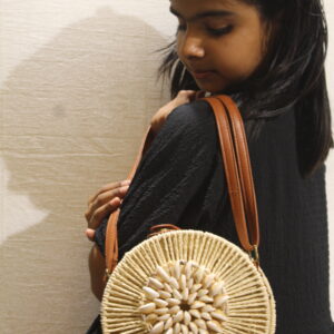 Coastal Charm Shell Round Sling Bag – Handmade Boho Beach Bag with Tan Vegan Leather Strap